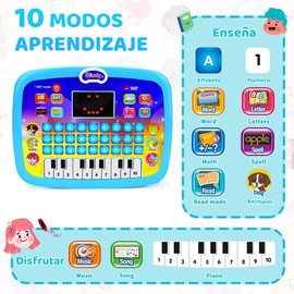 Juguetes Tablet de Aprendizaje, Computadora portátil para Niños con Visualización LED, Viene con Teclas de Piano, Enseñar Alfabeto, Números, Animal, Apto para Educación temprana de 3 Años.(Azul)