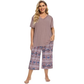 Vozanet Women's V Neck Sexy Pajamas Capri Sets Mexican Style Floral Sleepwear 2PCS Totem Casual Nighty Plus Size M to 5XL, Brown, 5X-Large