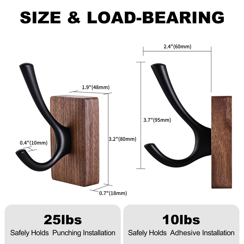4 Pack Walnut Wood Wall Coat Hooks for Hanging, Adhesive