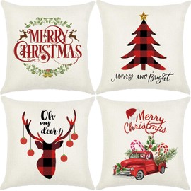 Christmas Decorations, Merry Christmas Throw Pillow Covers 18 x 18 Inches Set of 4 -Christmas Cushions Covers Neutral -Zippered Christmas Pillow Covers (Retro Cars Trees & Reindeer)