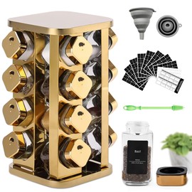 THYEUISM Kitchen stainless steel spice rack with 16 food grade glass cans-275 spice label-rotating vertical bracket and countertop seasoning rack cabinet tower storage rack (golden, 16)