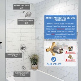 FROPO Tub Shower Faucet Set with Valve, Tub and Shower Faucet Set Complete Brushed Nickel, Single-Handle Tub and Shower Trim Kit with High-Pressure 6 Inch Rain Shower Head and Tub Spout