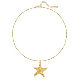 NUZON Large Gold Starfish Pendant Necklace for Women 18K Gold Plated Stainless Steel Sea Star Beaded Chain Necklace Boho Summer Beach Jewelry 18’’