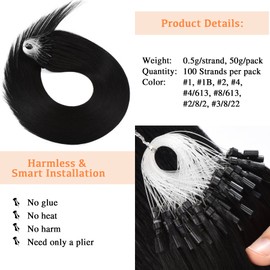 Brazilian Remy Natural Micro Beads Hair Extension 0.5g/s 100s 50g/pack Easy Loop Micro Ring Hair Extensions(18 inch, 1)