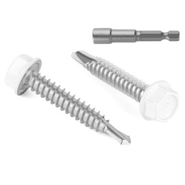 #8 x 1/2" (100 PCS) White Head Sheet Metal Screws, Hex Washer Head Self Drilling Screw, Flanged Hex Fast Self Tapping Screws, Carbon Steel, Full Thread, Hex Bit Socket Included