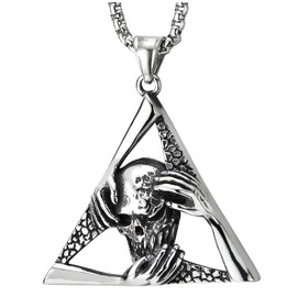 COOLSTEELANDBEYOND Stainless Steel Vintage Skull Hands Triangle Pendant Necklace for Men Women, 30 Inch Wheat Chain
