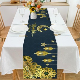 Eid Ramadan Mubarak Table Runner, 186 x 33 cm Ramadan Decoration Tablecloth, Washable Ramadan Lantern, Moon Table Runner, Ramadan Tablecloth, Muslim Table Decoration for Islamic Party Decoration