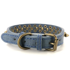 Spiked Studded Dog Collar-Bronze Round Stud Anti-Bite Collar (Blue,XS)