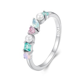 Kerraom Rings 925 Silver Engagement Ring Women's Colourful Ring with Stone Cubic Zirconia Stackable Ring Vintage Heart Ring Friendship Rings Girls Wedding Rings White Gold Opal Pearls Trend Jewellery