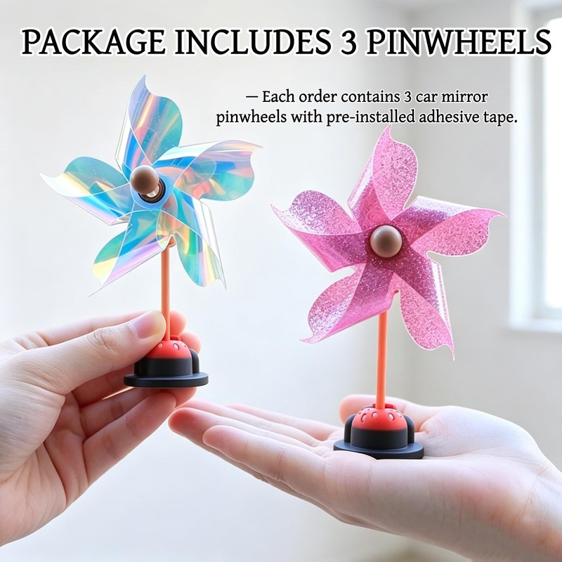 3 Pack Car Mirror Pinwheel, Reflective Windmill Decoration