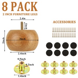 Acrux7 2 Inch Wooden Furniture Legs Set of 8 Solid Wood Bun Feet Replacement, Round Furniture Legs for Cabinet Sofa Desk Ottoman Couch Bookcase Bun Feet for Furniture
