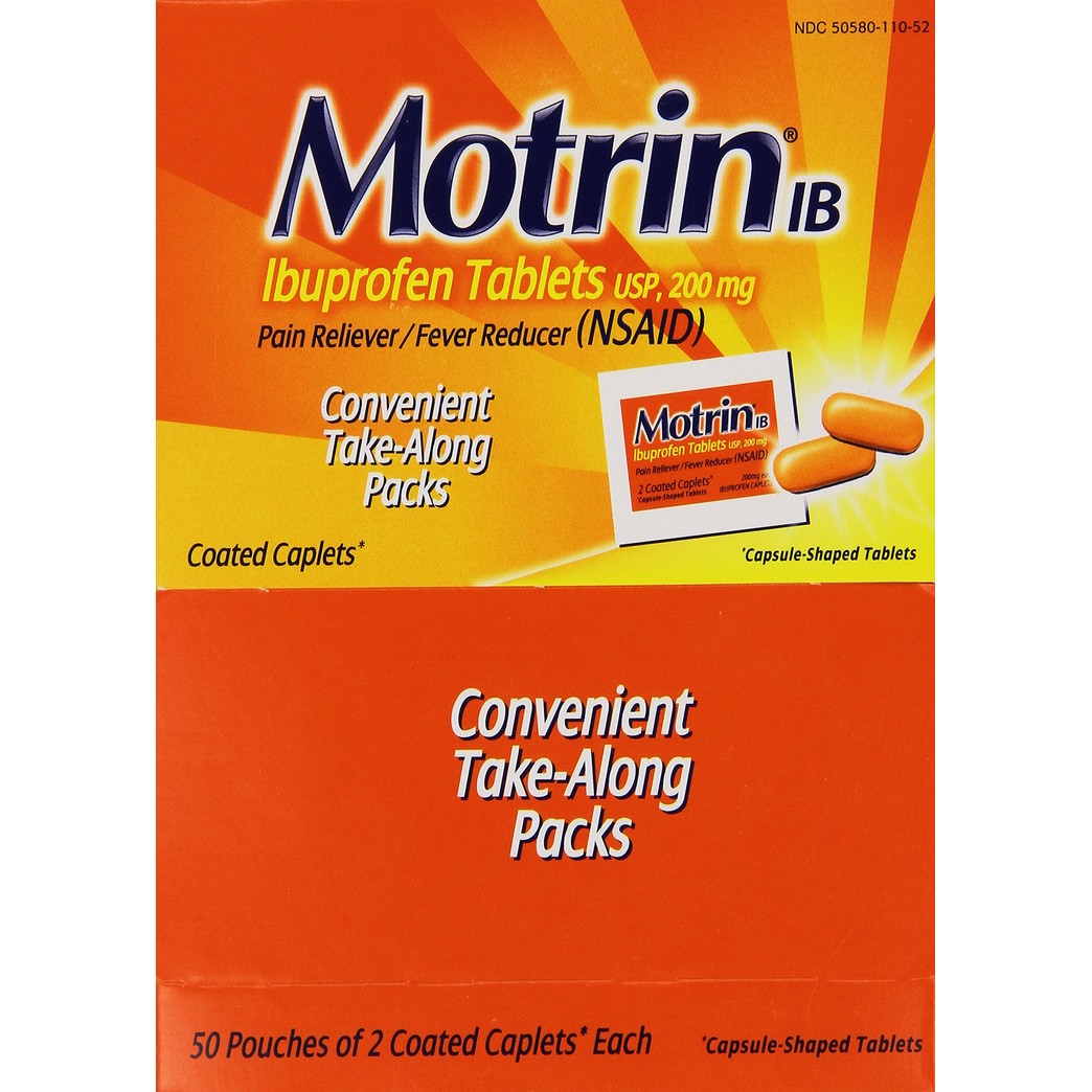 Motrin IB Ibuprofen Pain Reliever, 50 Pouches of 2 Caplets Each