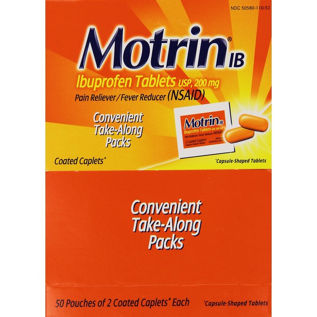 Motrin IB Ibuprofen Pain Reliever, 50 Pouches of 2 Caplets Each