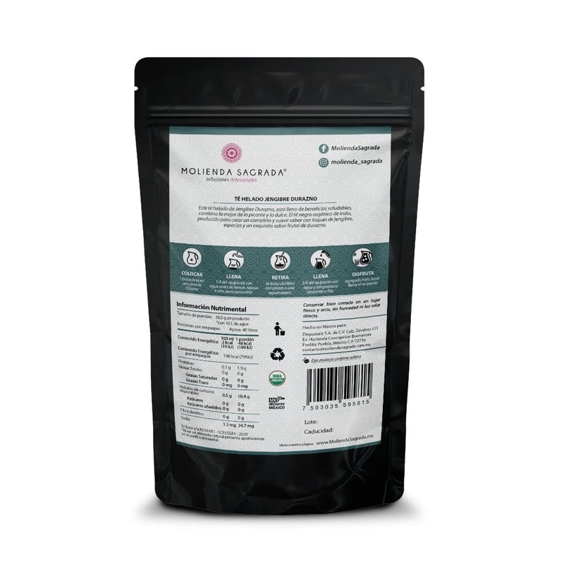 Molienda Sagrada, Té Helado Jengibre Durazno/Infusión de Té Negro Orgánico