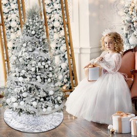 Ivarunner Silver Tree Skirt 24 Inch, Mini Christmas Tree Skirt with Glitter Satin Trim - Silver Sequin Tree Skirt - Xmas Bling Tree Mat Double Layers for Silver Christmas Ornaments and Decorations