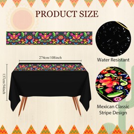 Preboun Mexican Plastic Tablecloth and Mexican Papel Picado Banner Fiesta Party Decorations Supplies Table Cover for Rectangle Tables Cinco De Mayo Carnival (Floral Style,10 Pcs)