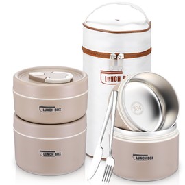 mekueeex 3 Pcs Portable Insulated Lunch Container Set for Adult, Stackable Stainless Steel Bento Box for Hot Food with Insulated Lunch Bag Unisex 3 Separate Thermal Food Container(Khaki)