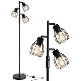 Oneach 64.25" Modern Floor Lamp for Living Room, Black Industrial Floor Lamp for Bedroom with 3X 4W LED Bulbs, 3 Light Rustic Standing Tall Lamp for Bedroom, Office