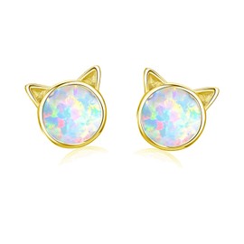CiNily Cat Ear Stud Earrings-Opal Stud Earrings 14K Yellow Gold Plated Kitten Earrings Cute Cat Earring Studs Earrings