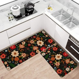 Xsinufn Boho Floral Kitchen Mat Set of 2,Modern Farmhouse Flowers Kitchen Rugs and Mats Non Skid Washable,Spring Summer Bohemian Kitchen Runner Rugs with Rubber Backing (Black 17"x47"+17"x30")