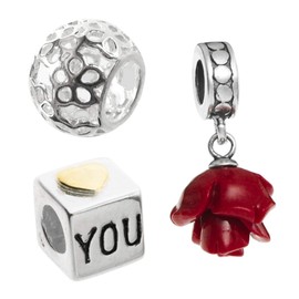 Sterling Silver Simulated Coral Rose Love You Cube Daisy Flower European Bead Charm Set