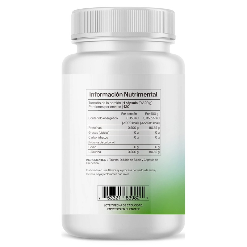 Taurina 120 cáps con 500 mg c/u, 60 porciones de