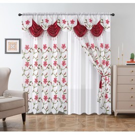 Petrichor Embroidery Sheer Curtain 2 Panels Set - Luxury Window Curtain Attached Valance with Satin Backing and 2 Tie Backs for Living Room,Dining Room, 54x84 inches, Burgundy