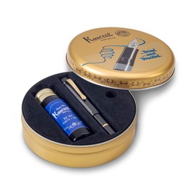 Kaweco PISTON SPORT AL Black/Gold Starter Set I Classic Aluminium Fountain Pen for Ink Bottles in Nostalgic Box including Kaweco Ink Bottle in Royal Blue I Piston Filler 13 cm I Nib: F (Fine)