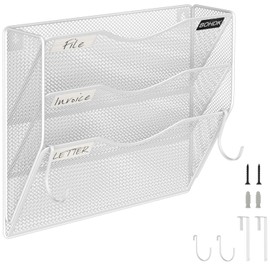 BOHDK Wall File Organizer, 3 Tire Hanging File Folder Mail Organizer, Vertical Mesh Metal Door/Wall Mount Hanging File Organizer, Paper Document Magazine Rack with Hooks for Home Office White