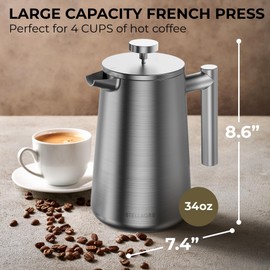 STELLAGRO French Press Coffee Maker, Stainless Steel French Press, 34 Oz / 1L, Large Insulated Double Wall Coffee Maker with 3 Extra Mesh Filters, Satin Finish, Silver