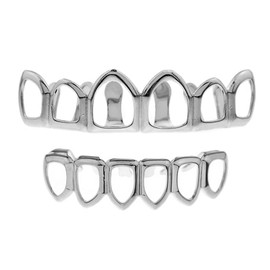 Open Face Grillz Set Six Tooth Silver Tone Top & Bottom Row Teeth Hip Hop Mouth Grills