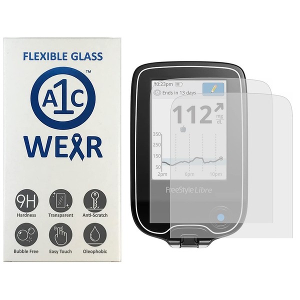 A1C WEAR - Protector de visualización de vidrio flexible 9H para Freestyle última intervensión Receptor de 14 días PDM, no se agrieta ni se astilla, antiarañazos y antihuellas, 2 unidades