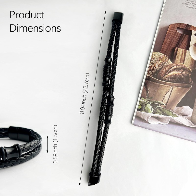 Tienyuu Men’s Double-Row Braided Leather Bracelet with Stainless Steel Ornaments
