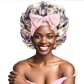 Ptrin Satin Haarhaube,1pcs Seidenhaube zum Schlafen,Nacht Bonnet, Schlafhaube aus Satin mit Gummiband Einstellbar,für Damen und Mädchen,Druck Rosa