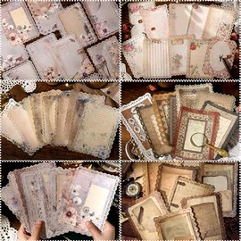 Juego de 60 hojas de papel de papelería vintage con ribete de encaje, para escritura de cartas, papel de álbum de recortes, suministros de diario basu