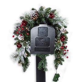 Holiday Pride Christmas Mailbox Swag with Snowy Pinecones, Red Ball Ornaments, Silver Leaves and Red Berry Accents - Pre-lit with 20 LED Lights - 36 Inch Length