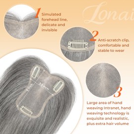 LONAI Real Human Hair Topper, 10 Inch 100％ Human Hair Toppers for Thinning Hair, Large Hand-woven area Coverage Natural Hairpiece Wiglet for Women Daily 5"x3.5" Silk Base-Light Grey