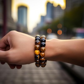 Lianary Black Obsidian Hematite Triple Protection Bracelets - Tiger Eye Beaded Natural Stone Set for Men Women Crystal Gemstone 10 mm 2pcs