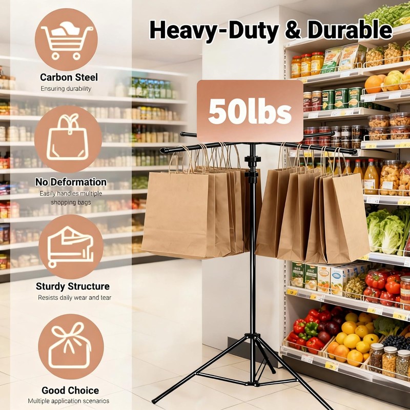 Heavy Duty Metal Shopping Bag Rack - Adjustable Height 51"to