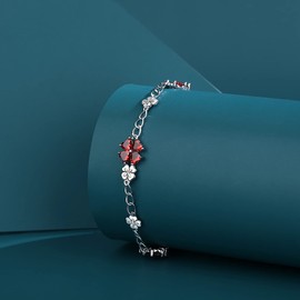 JIANGXIN 925 Sterling Silver Birthstone Chain Link Bracelet for Women Lucky Four leaf clover Created Red Garnet Jewelry 16+4cm