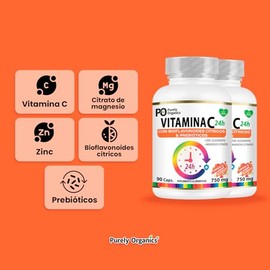 Vitamina C 24h con Bioflavonoides y Prebióticos |Combo duo| Con Zinc y Magnesio | Suplemento Alimenticio | 90 Cápsulas