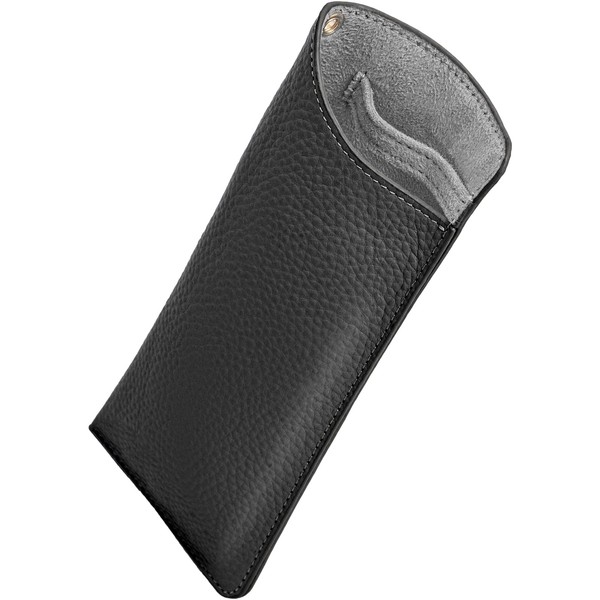 RafiCaro Eyeglass Case, Lightweight, Thin, Leather, Cowhide Leather, With Pop-Up Prevention Band, Stylish, Slim, Glasses Pouch, Strap Hole, blackgrey