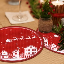 Arquiel Place Mats Set of 4 Christmas Red Deer Snowflake Holiday Christmas Tree Double Layer Thick Wipe Clean Heat Resistant Christmas Placemats for Dining Table Decoration (36 x 36 cm)