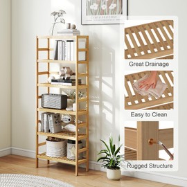 Zurssar 6-Tier Bamboo Shelf, Narrow Bathroom Shelf, Standing Storage Rack, Multifunctional Organizer, Plant Stand, Corner Shelf for Kitchen, Living Room, Bedroom, Bathroom, Natural
