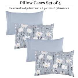 YIYEA Queen Pillow Cases Set of 4, Ultra Soft Double Brushed Microfiber Embroidered Pillowcases and Floral Pillow Covers, Envelope Closure, Shrinkage and Fade Resistant, 20"x30"