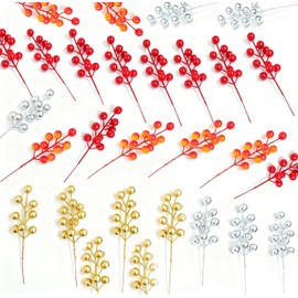 28 Pcs Christmas Artificial Berry Stems Branches, Reusable Colorful Berries Branches Ornaments 8.3 Inch Mixed Colors Fake Holly Berries for DIY Holiday Xmas Tree Wreath Vase Home Decorations