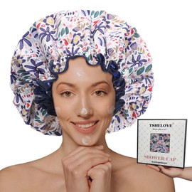 Luxury Reusable Shower Cap for Women Double Layered Shower Caps Bonnet with Adjustable Elastic Strap, Leakproof Nonslip Large Satin Lined Shower Bath Cap for All Hair Lengths-Ladies Gift Blue-Flower