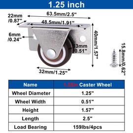 YuGtcen 1-1/4" Low Profile Casters Wheels Set of 4, Mini Side Mount Casters Fixed Caster Wheels Non Swivel Small Wheel for Furniture Drawer Cabinet Trundle Bed, Load 36lbs/Each