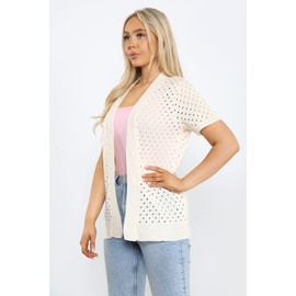 Loxdonz Short Sleeve Cardigan for Women Classy Knit Crochet Lightweight Sweater Open Shrug Tops (Small, Cream)