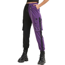 MEINVQIAOTI Black Cargo Pants for Women Techwear Women Loose Street Rock Style Casual Black Pants with Chain Goth Pants (Purple&Black,M)